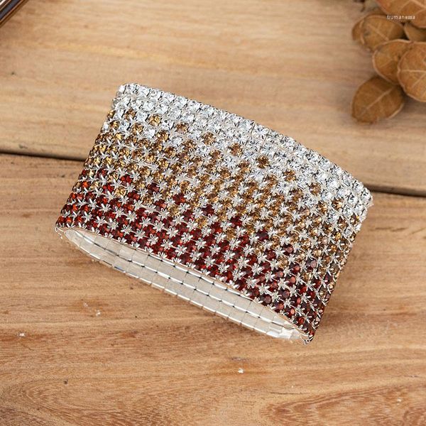 Braccialetto 12 file Bracciale con strass di cristallo trasparente e marrone Placcato argento da sposa Ampio tratto da donna