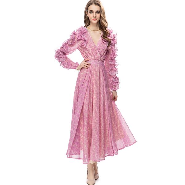 Runway-Kleid für Damen, sexy, V-Ausschnitt, lange Ärmel, Rüschen, bedruckt, gerüscht, modisches Designer-Party-Abschlussballkleid