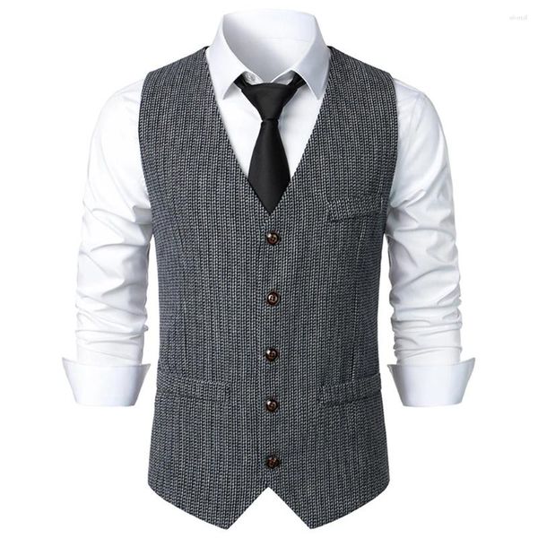 Coletes masculinos moda formal negócios tweed terno colete vintage espinha de peixe retro decote em v único breasted tops colete roupas