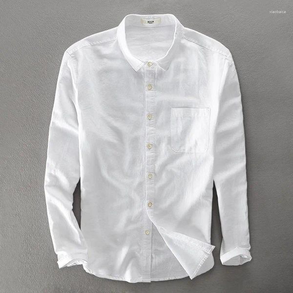 Camicie casual da uomo 2023 Comoda camicia in cotone e lino da uomo di marca a maniche lunghe con colletto quadrato bianco Camis da uomo slim maschile