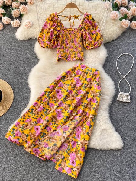 Платье женское, летнее, с цветочным принтом, комплект из двух предметов, юбка, новинка 2022 года, укороченные топы, женская повседневная одежда макси для пляжа и отдыха, женская одежда
