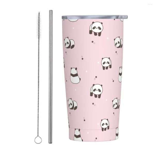Tumblers rosa bonito dos desenhos animados panda isolado tumbler com palhas tampa adorável animal vácuo caneca térmica parede dupla bebidas frias copo 20oz