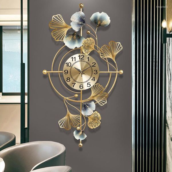 Relógios de parede metal tamanho grande ginkgo folha relógio casa el decoração sala de estar luz de luxo de luxo número de varredura mudo
