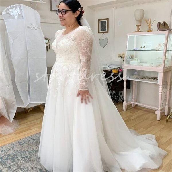 Plus size manga longa vestido de casamento 2024 ilusão uma linha sem costas varredura trem país vestidos de casamento rendas boho praia vestido de noiva mulheres vestidos de novia mariage