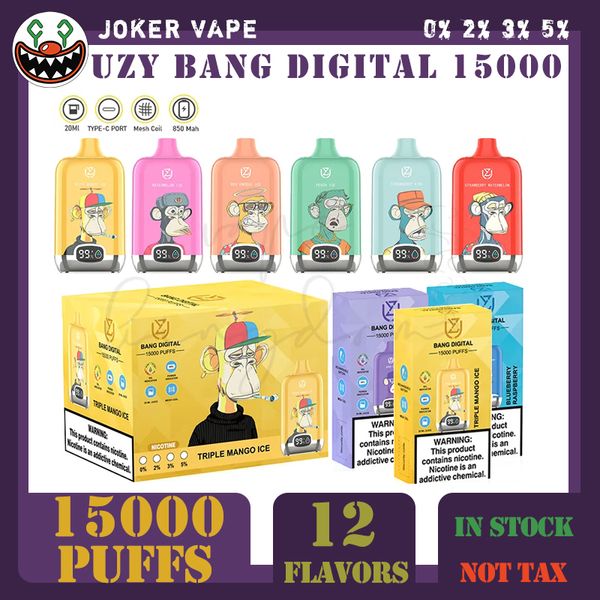 Original UZY Bang Randm Digital 15000 Puffs Vape E-cigarros descartáveis 0% 2% 3% 5% Puff 15k 23ml Pod pré-preenchido Bobina de malha 650mAh Bateria recarregável 10 Flaovrs em estoque