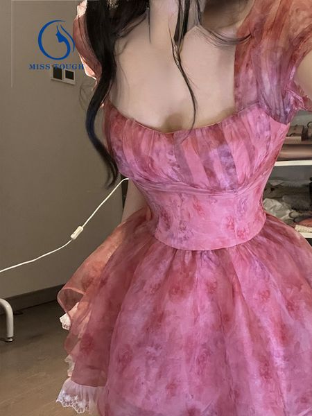 Sıradan Elbiseler Pembe Çiçek Kısa Partisi Seksi Dantel Puff Peri Kawaii Giyim Mini Moda Doğum Günü Lolita Kadınlar Yaz 230426