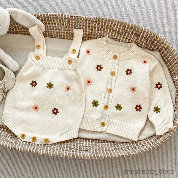 Kleidungssets Herbst Frühling Kleinkind Baby Mädchen Kleidung Anzug Langarm Gestrickte Blume Gestickte Strickjacke Strampler Kinder Kleidung Set R231127