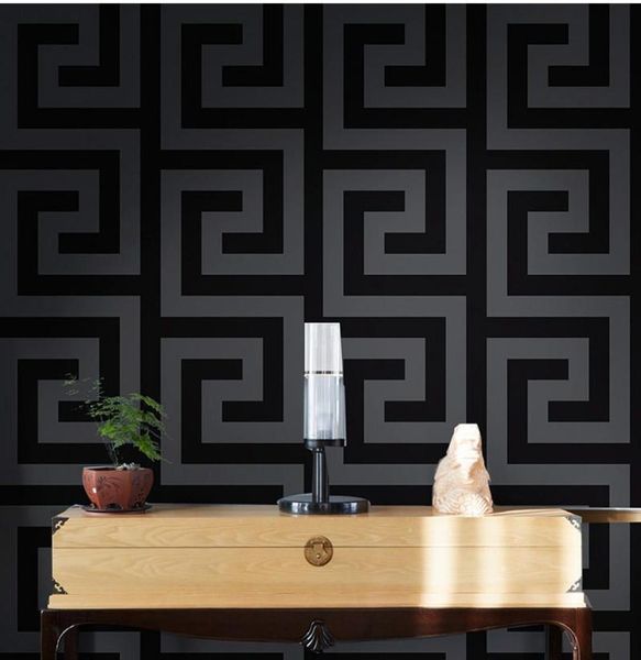 Wallpapers geométrico papéis de parede preto cinza luxo efeito cetim grande chave grega papel de parede sala de estar fundo decorwallpapers w1375723