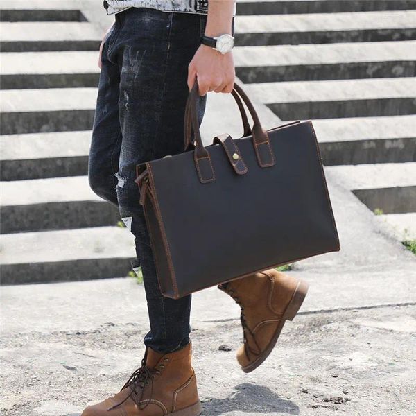 Pastas vintage homens mulheres maleta de negócios bolsa de laptop simples bolsa de ombro de couro genuíno