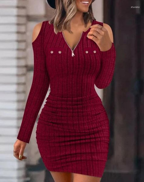 Casual Kleider Mode Frau Bluse 2023 Frühling Kalte Schulter Reißverschluss Gerippte Plain Langarm Bodycon Täglichen Mini A Linie Kleid