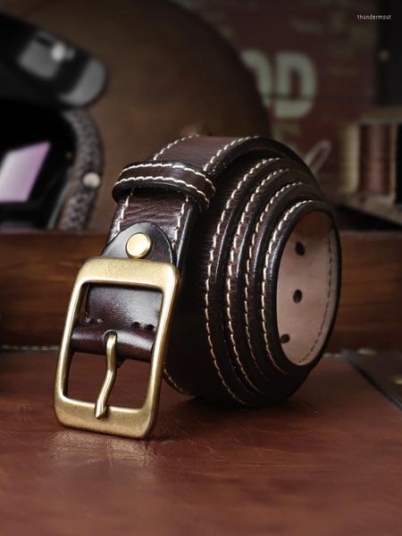 Cintos de cinto retro Men Belt Handmade de couro genuíno Pin de cobre Casual Costhed Design 38mm para Jeans Cowboy Business