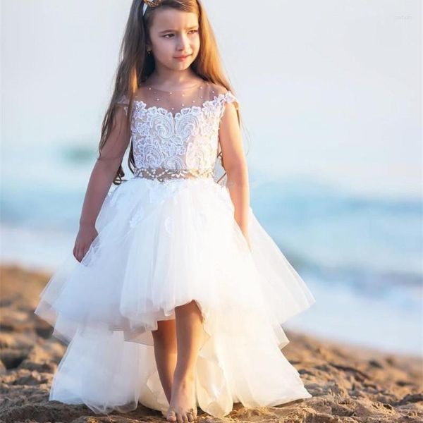 Abiti da ragazza Ragazze di fiori per matrimonio Collo trasparente Maniche ad aletta Pizzo Perle Tulle Abito da festa di compleanno per bambini senza schienale