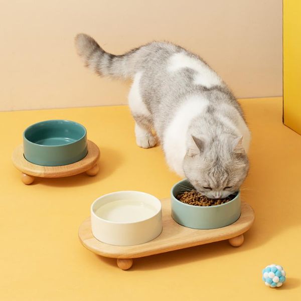 Кормление 1800 мл керамическая маленькая миска для воды для корма для собак, приподнятая двойная миска для кошек большой емкости с деревянной подставкой, кормушка для напитков для домашних животных