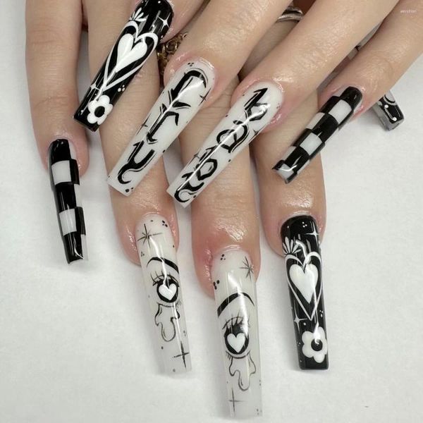 Накладные ногти 3D поддельные аксессуары черно-белые французские длинные кончики гроба дизайн в виде сердца в стиле манга искусственные ногти набор акриловых ногтей
