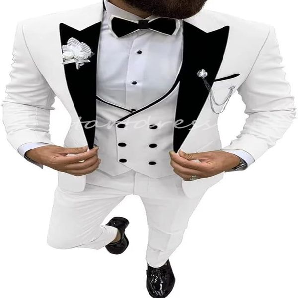 Blazer branco smoking de casamento para homens, um botão, colete duplo, slim fit, terno de casamento, jantar de baile, sob medida, 3 peças, conjunto de roupa de negócios masculino, roupa de festa do noivo