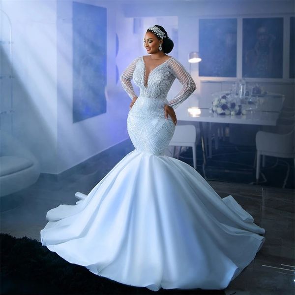 Regina Perlen Weiße Meerjungfrau Afrikanisches Hochzeitskleid Sexy Aso Ebi Stil Verlobungskleider Besondere Ocn Robe De Soree 322