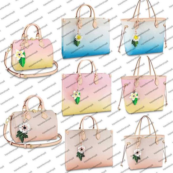 M57641 Designer Mulheres bolsas de compras gradiente de cor gigante de tela gigante de flores acessório de couro colorido colorido em bolsa de bolsa 261q