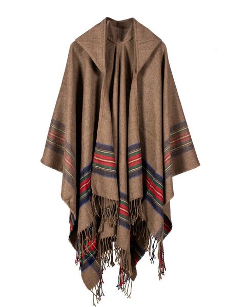 Lenços outono inverno stoles mulheres de malha poncho capa com capuz listra oversized cardigan cobertor longo xale cachecol cashmere pashmina 231127