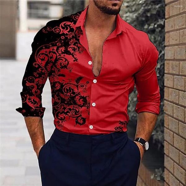 Camisas casuais masculinas mens barroco manga longa botão para baixo camisa festa até vestido de seda gradiente digital impresso magro