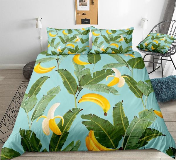 Bananas e folhas de palmeira capa de colcha Conjunto de roupas de cama de frutas Queen Summer Home Têxtil Rei Floral Set Drop Ship 230427