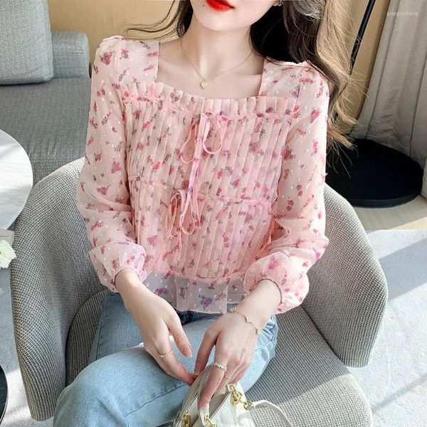 Damenblusen Süße Chiffonbluse Damen 2023 Frühlings-Rosa-Blumenfee-Hemd Femme Koreanischer Stil Eleganter quadratischer Kragen Herbst Plissee Frau