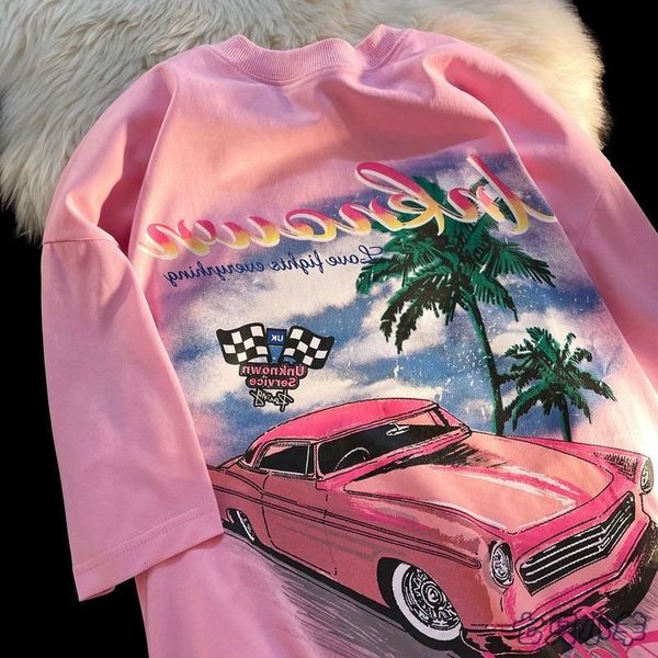 Camiseta feminina American High Street Sweet Pink Car Camisetas T mulheres meninas garotas Kawaii Roupas de camiseta de tamanho grande verão algodão y2k top harajuku 230426