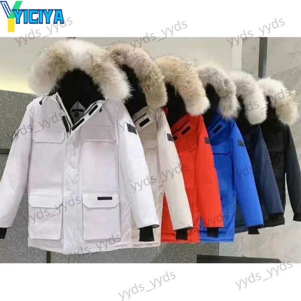 Parkas masculinas YICYA Canadá marca jaqueta estilo de alta qualidade novo 90 ganso branco parkas homens soltos gola de pele grande casacos bordados quentes top T231127