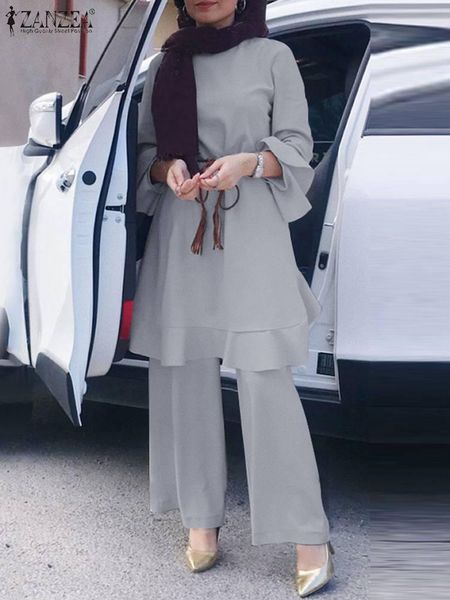 Vestido zanzea moda calça define feminino muçulmano dubai turquia abaya conjuntos de correspondência roupas casuais babados hem fatos de treino conjuntos de duas peças