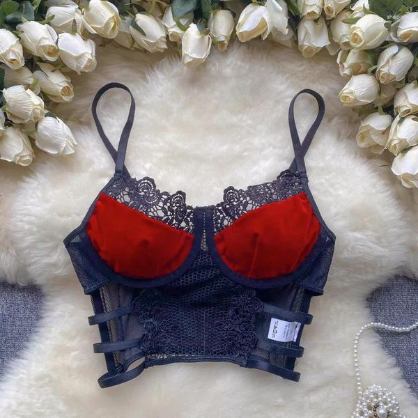 Canotte da donna Sexy Crop Top Corsetto da donna Velluto in pizzo Patchwork Canotte Spaghetti Strap Scava fuori Canotta Donna Backless Dolce Dropship