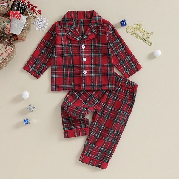 Pijamas BeQeuewll Crianças Conjunto de Natal para Outono Xadrez Botão Camisa de Manga Longa e Calças Elásticas Loungewear Pijamas 231127