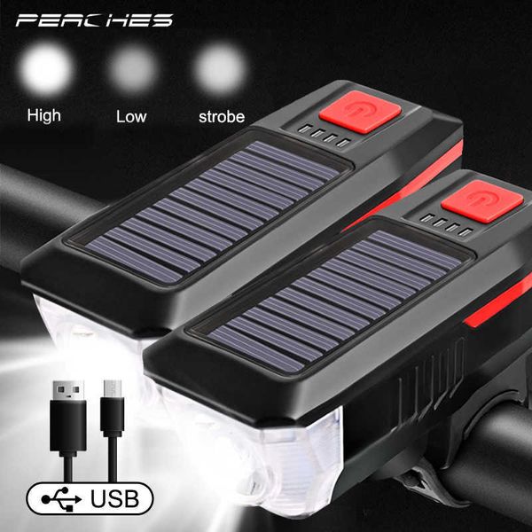 Luzes de bicicleta 2pcs Solar Bike Light Front Frosthlight Solar Solar USB Lâmpada de luz leve à prova d'água Bell Light Light MTB Acessórios de bicicleta P230427