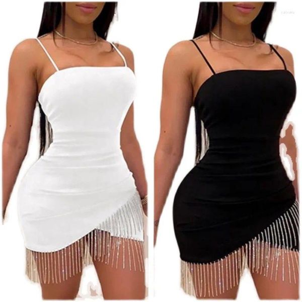 Vestidos casuais moda mulher festa noite aniversário borla divisão sem mangas bodycon vestido verão elegante suspender curto mini lápis sexy