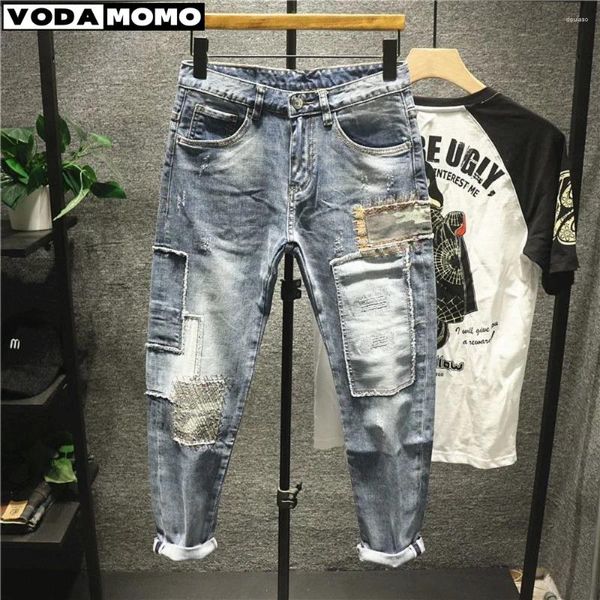 Erkek kot pantolon vintage moda lüks Kore tarzı gündelik streç ince fit denim hip-hop patchwork erkekler için yırtılmış