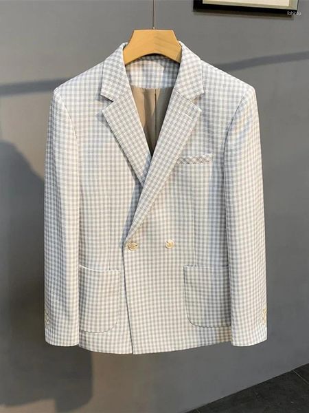 Ternos masculinos primavera negócios casual masculino xadrez blazer jaqueta vintage fino ajuste duplo breasted trabalho terno casaco estilo britânico outono topos