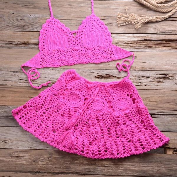 Mulheres Swimwear 2023 Crochet 2 Peças Férias de Verão Beach Cover-Ups Sexy Mulheres Bra Top Mini A-Line Saia Bikini Cover Up Wear Feminino