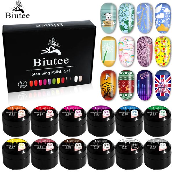 Prego Gel Biutee 12Color 8ml Prego Carimbo Gel Polonês Branco Preto Impressão Unha Polonês Selo Pintura Soak Off Gel UV Para Nail Art Carimbo 231127