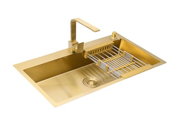 Goldene Küchenspüle über der Theke oder unter dem Unterbau, 304 Edelstahl, einzelne Schüssel, goldener Korb, Abtropfgestell, Seifenspender, Waschbecken 3347677