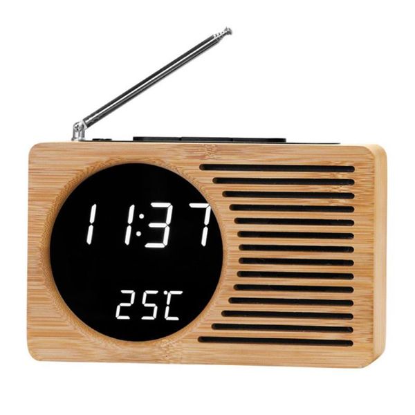 Orologi Accessori Altro 2023 Radio FM da tavolo Sveglia da comodino digitale Desktop Bamboo Wecker Display a LED Controllo del suono