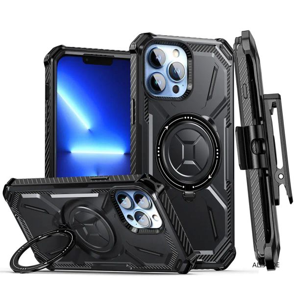 Capa de telefone robusta de corpo inteiro para iPhone 15 14 Plus Pro Max 13 12 11 ProMax Magsafe capa de carregamento magnético anel suporte capa com clipe de cinto giratório