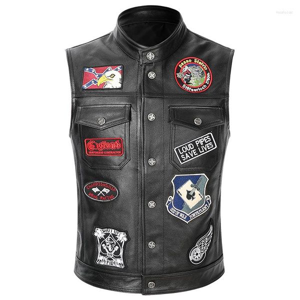 Gilet da uomo Motociclista da uomo Gilet in vera pelle Gilet in vera pelle di vacchetta Giacca da moto senza maniche con toppe multiple