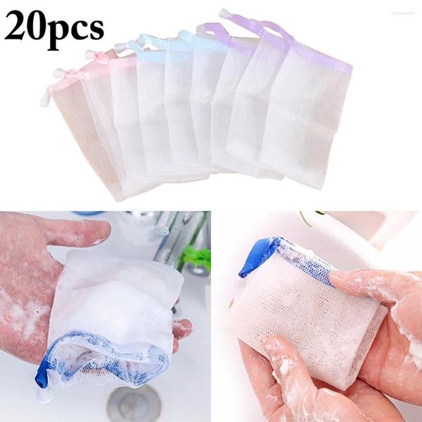 Sacos de armazenamento 20pcs Mesh Bolsa de sabão economiza Esfoliando para o bolso de espuma de bolha de chuveiro Pocket Pocket Lightweight