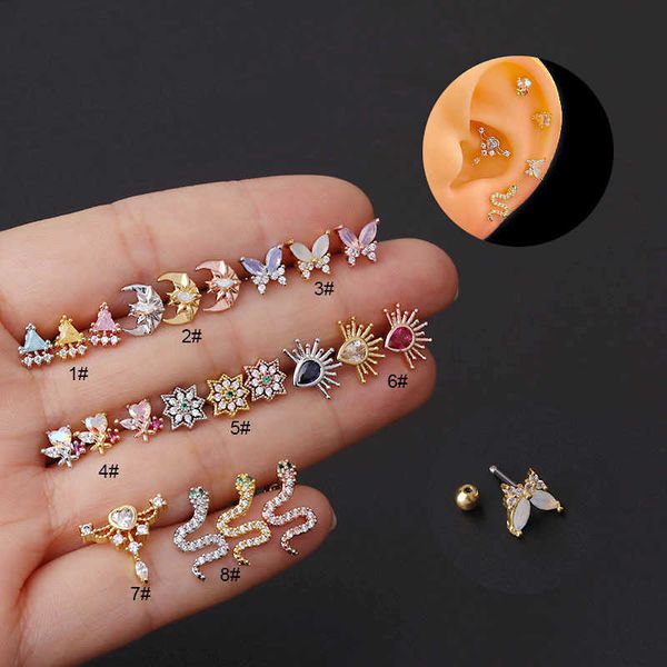 Asta sottile in acciaio inossidabile Orecchini a bottone colorati con zirconi cubici Orecchini a bottone Orecchini a bottone Moda Puntura Chiodo Vite Earnails Placcato oro 14K Gioielli anello orecchio