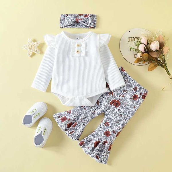 Conjuntos de roupas moda meninas calças conjunto infantil bebê manga longa macacão flor impressão flare calças bowknot bandana roupas conjuntos