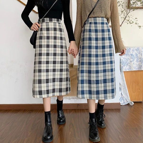 Röcke Frühling Koreanische Temperament A-linie Rock 2023 Retro Hohe Taille Plaid Split Mid-länge