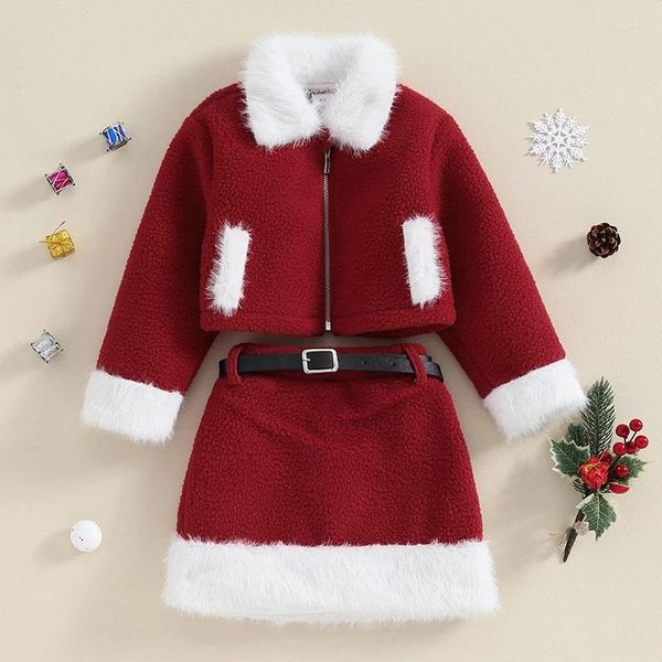 Kleidungsstücke Little Girl Christmas Outfit Winter Fleece Rock Set Pelzige Ausstattung lang Ärmel Reißverschluss und mit Gürtel