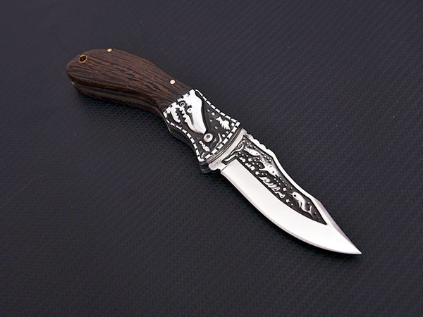 Coltello chiudibile tascabile A1920 di alta qualità 7Cr17Mov Lama a punta di goccia satinata Manico testa in legno / acciaio Campeggio esterno Escursionismo Pesca Coltelli EDC con borsa in nylon