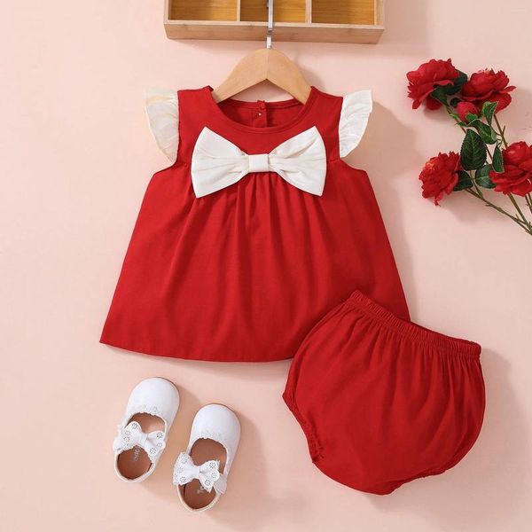 Conjuntos de roupas verão europeu e americano cor sólida bebê menina meninas crianças bowknot sem mangas pequenas roupas para mulher