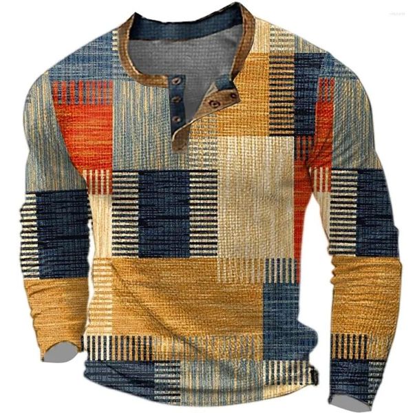 Magliette da uomo Color Block Patchwork Stampato in 3D Henley Moda Vintage Button-Down Camicia a maniche lunghe Uomo T Top Abbigliamento