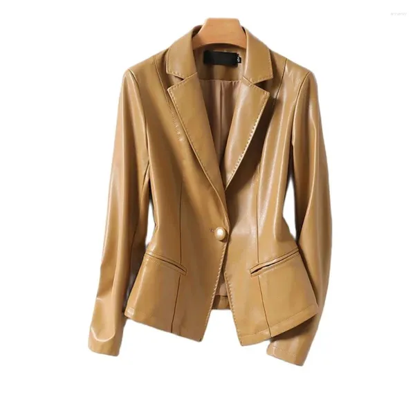 Mulheres de couro casual escritório blazer terno jaqueta primavera outono casaco feminino fino única fivela senhora pele carneiro outerwear curto topos