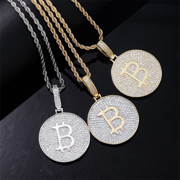 Hip hop rap topbling cartão redondo letra b pingente colar topbling completo 5a zircão 18k real banhado a ouro jóias masculinas